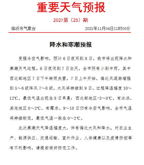 臨沂發(fā)布寒潮預報最低溫-3℃ 7日下午部分地區(qū)有雨夾雪