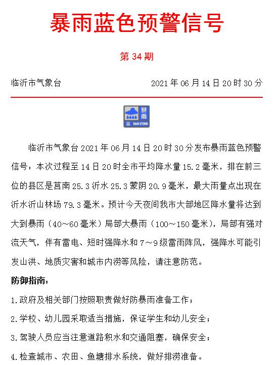 局部大暴雨！臨沂發(fā)布暴雨藍(lán)色預(yù)警 就在今晚