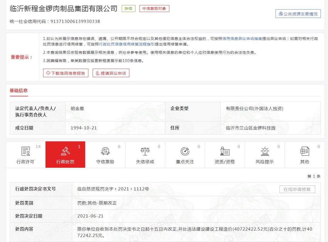 山東臨沂：金鑼集團(tuán)因“無(wú)證建廠”被罰407.2242萬(wàn)元