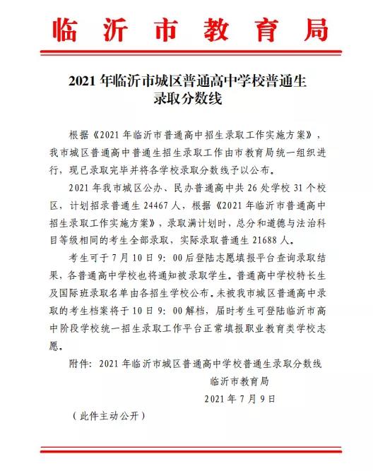 剛剛，臨沂城區(qū)普通高中錄取分?jǐn)?shù)線出爐